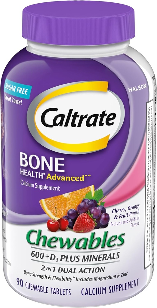 Caltrat Chewables 600 + D3 Plus mineraler Calcium og D-vitamin, Sukker fri, Cherry, Orange og frugt Punch, 90 Greve