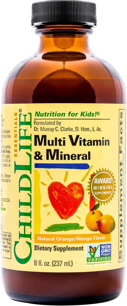 BEDLIV ESSENTIALS Kids Multivitamin & Mineral - Kids Vitaminer, Flydende Multivitamin til børn, Toddler Multivitaminer, Flydende Vitaminer, Baby Multivitamin - Natural Orange & Mango, 8 Fl Oz (pakke med 1)