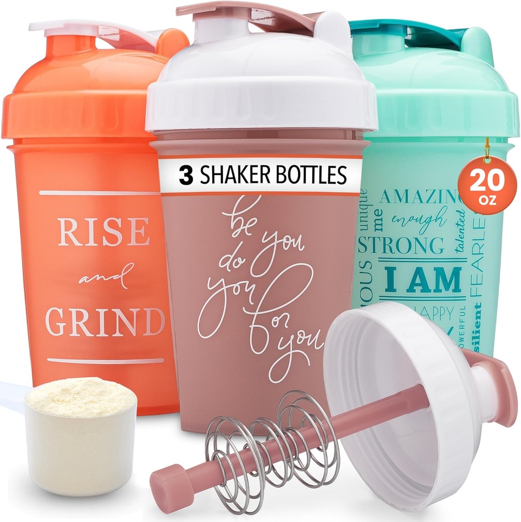 GOMOYO [3- Pack] 20- Ounce Shaker Flaske med Action- Rod Mixer # 124; Protein Shaker Flaske med bevægelige Quotes # 124; Shakers for Protein Shakes er BPA Gratis og Opvaskemaskine Safe # 124; Coral, Mint, & Rose