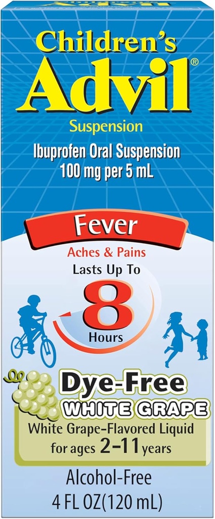 Børns Advil Pain Reliever og Feber Reducer, Dye Gratis Børne Ibuprofen for Smerte Relief, Flydende Ibuprofen for Børn, White Grape - 4 Fl Oz
