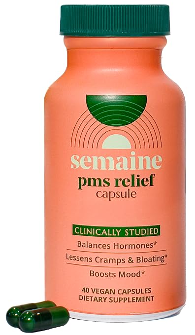 Semaine PMS & Period Support - Ease Menstrual Cramps: No More Period Cramps, Mood Swings, or Bloating. Clinically-Studied Ingredients (40 Count)