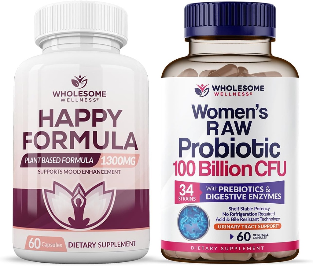Grossic Wellness Happy Formula Natural Formel Relief Supplement + Dr. Formulerede Raw Probiotika til kvinder 100 milliarder CFU Bundle