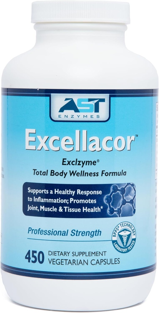 AST Enzymes Excellencor- 450 Vegetarisk Capsules- Premium Natural Systemisk Enzyme Formula - Total Body Support - Indeholder syre-resistent Serrapeptase - Understøtter sund inflammation & Joints