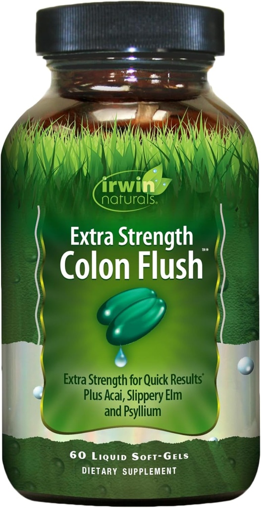 Irwin Naturals Extra Strength Colon Flush Quick & Powerful fordøjelsesbesvær + Forstoppelse Support med Psyllium, Acai, Triphala + beroligende botanicals - 60 flydende bløddele