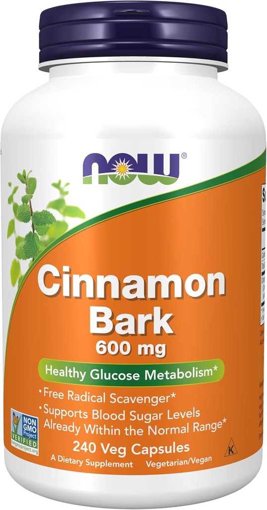 Now Foods Supplements, Cinnamon Bark 600 mg, Non- GMO Project Verified, Sund Glucose Metabolisme *, 240 Veg kapsler