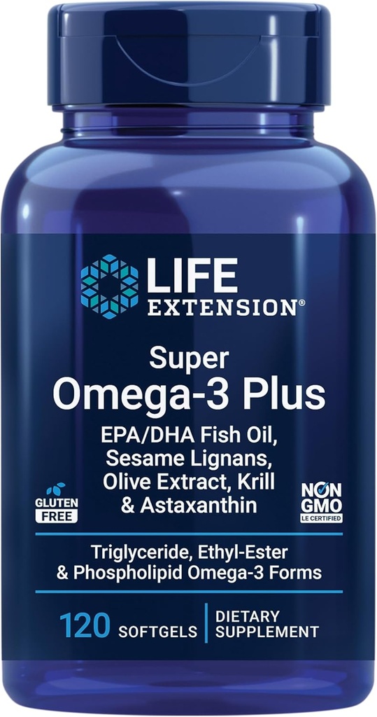 Life Extension Super Omega-3 Plus EPA / DHA Fish Oil, Sesame Lignans, Olive Extract, Krill & Astaxanthin - Heart, Brain & Joint Health Support - Gluten- Free, Non- GMO - 120 Softgels