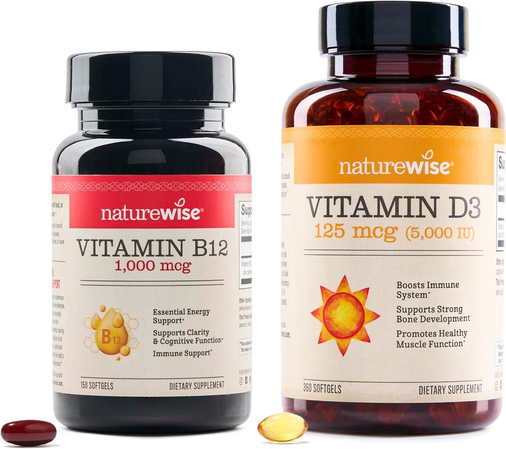 NatureWise Vitamin B12 1.000 mcg 150 Softgels & Vitamin D3 5000iu 360 Mini Softgels for Energy, Mental Clarity, Ben & Muscle Support