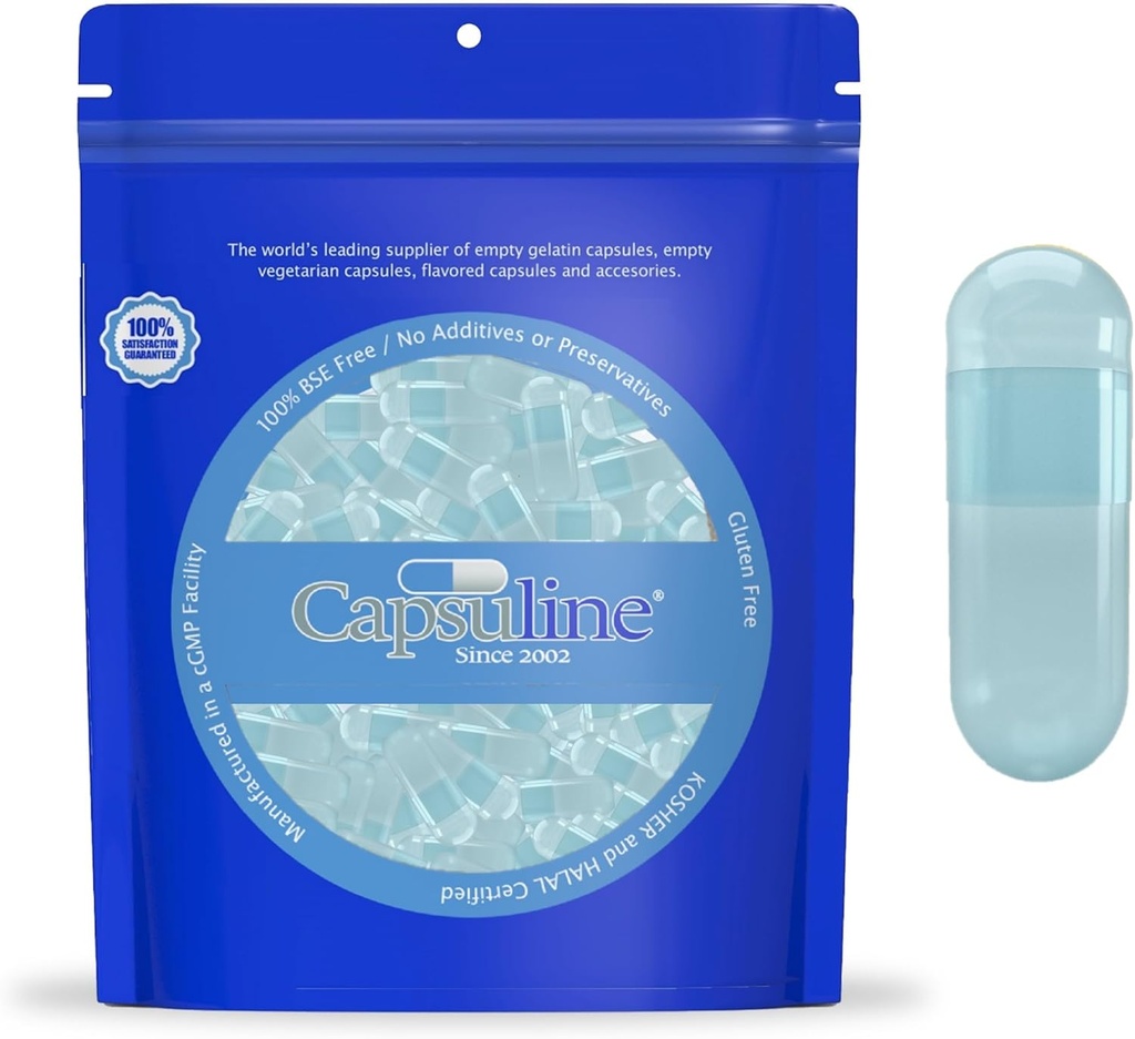 Capsuline Spirulina farvet størrelse 0 Tomme Veganske Kapsler Blå / Blå - 100 Greve - Vegetarisk Tomme Pil Kapsel - DIY Vegetabilske Kapsler Fyldning - Veggie Pill Kapsler - Kosher og Halal Certificeret
