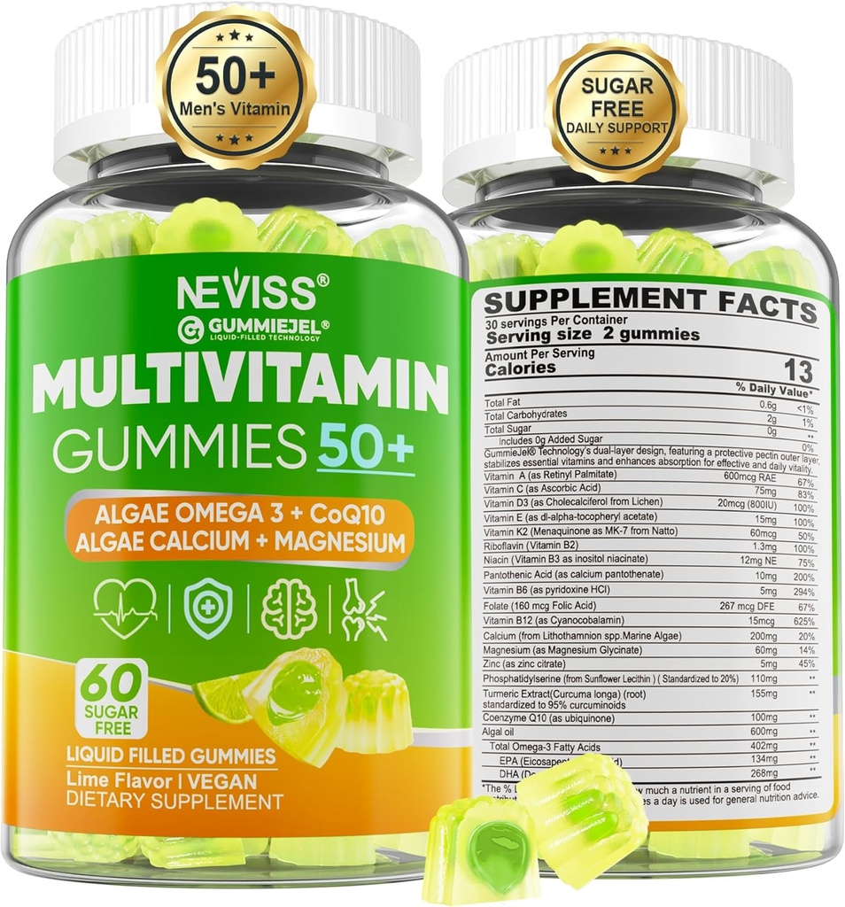 Multivitamin for Men 50 + Plus, Sugar Free Men Multivitamins Gummies w/Omega-3, Coq10, D3k2, Calcium, Magnesium, Zinc, Vitamins A, C & E, Mens Vitamins for 𝖧𝖾𝖱𝗍, Antioxidant, Brain, Bone, 60cts