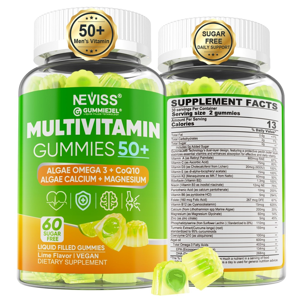 Multivitamin til mænd 50 + Plus, Sugar Free Men Multivitaminer Gummies w / Omega-3, Coq10, D3k2, Calcium, Magnesium, Zink, Vitamin A, C & E, Herre Vitamin til Vitamin, Antioxidant, Brain, Bone, 60cts