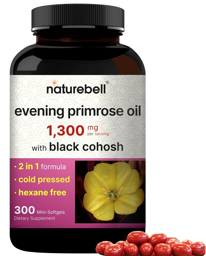 NatureBell Evening Primrose Oil med Black Cohosh, 1.300mg per servering, 300 Mini- Softgels against 124; Cold Pressed Seeds, Reaves 130mg GLA til kvinder sundhed & hudpleje support - Hexane fri, ikke-GMO