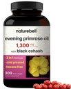 NatureBell Evening Primrose Oil med Black Cohosh, 1.300mg per servering, 300 Mini- Softgels against 124; Cold Pressed Seeds, Reaves 130mg GLA til kvinder sundhed & hudpleje support - Hexane fri, ikke-GMO