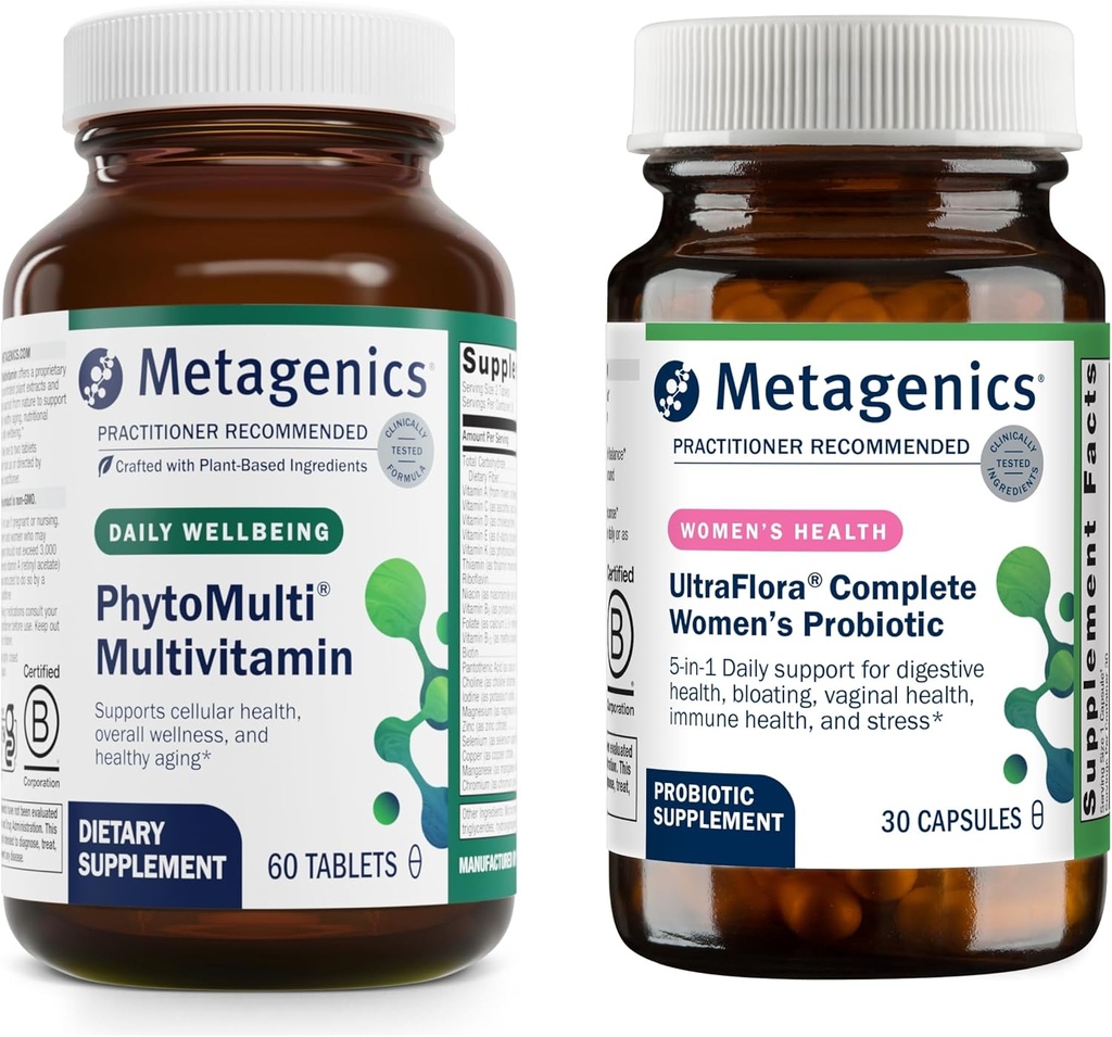 Metagenics PhytoMulti Multivitamin uden jern (60 tabletter) & UltraFlora Complete Women 's Probiotic (30 kapsler) - Indeholder essentielle vitaminer og mineraler - hjælpemidler fordøjelsessygdomme
