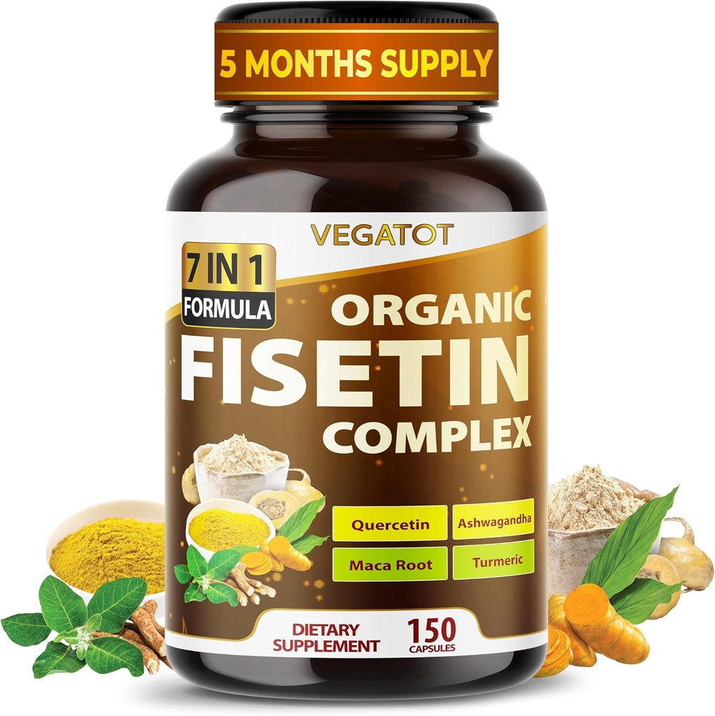 VEGATOT Organic Fisetin Complex 7- in-1 Formel 1 124; med Quercetin, Resveratrol, Ashwagandha, Maca Root, gurkemeje, sort pepper; 150 Kapsler; 124; Non-GMO, Gluten- fri