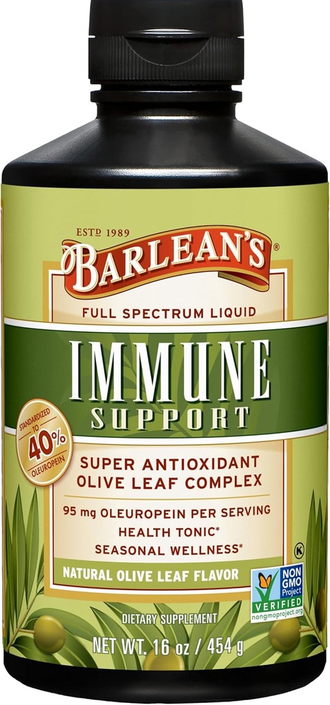 Barlean 's Olive Leaf Complex Liquid immunforsvar Support med 95mg Oleuropein Antioxidanter til sæsonbetinget Wellness, Heart Health, & immunsystem Booster, 16 Ounce