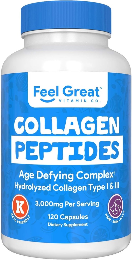 Hydrolyseret kollagen peptider pulver kapsler (type I & III) af Feel Great Vitamin Co.