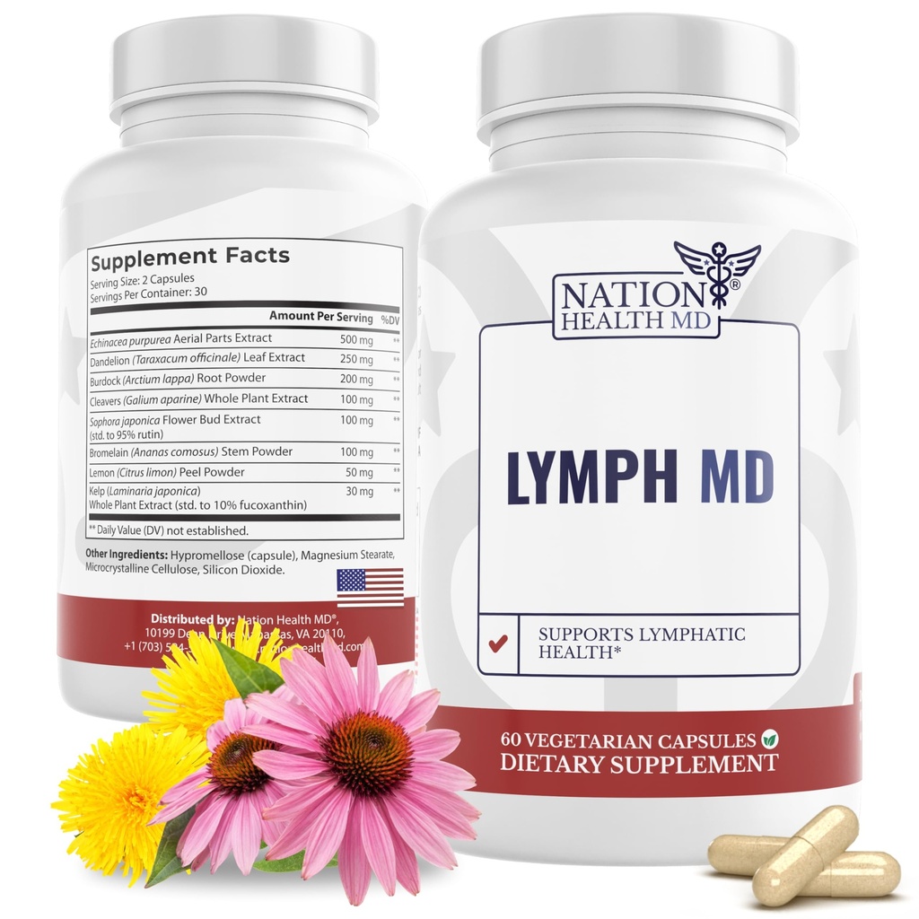 Lymph MD - Lymphthrition Supplement - med Bromelain, Echinacea, Burdock Root, Mælkebøtte, Rutin, Kelp & Mere - Lymph System Support til kvinder og mænd - 60 kapsler