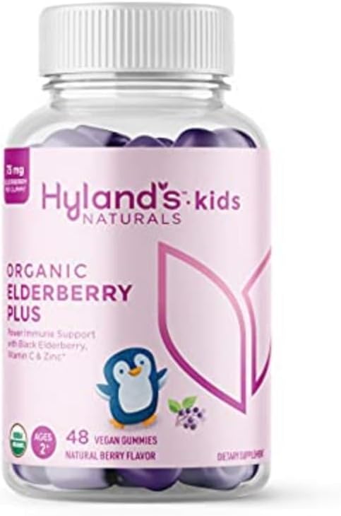 Hyland 's Kids Organic Elderberry Plus Gummies, Organic Black Elderberry med ZINC og C-vitamin, Immunstøtte til børn, 48 Vegansk Gummies