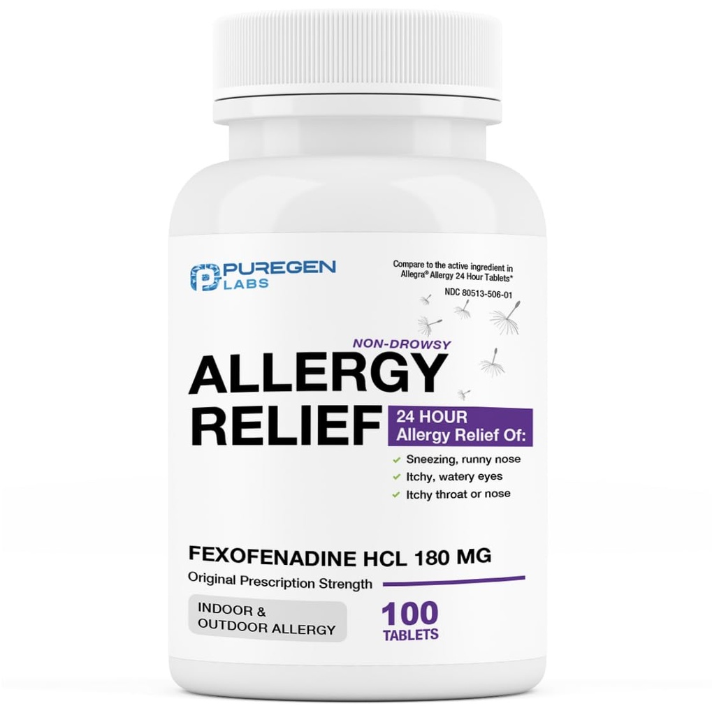 Puregen Labs Allergy Relief, Fexofenadine 180 mg, 100 tabletter - 24 timers nonDrowsy Antihistamin Allergi medicin til Runny Næse, nysen, Itchy, Watery Eyes - Made in USA
