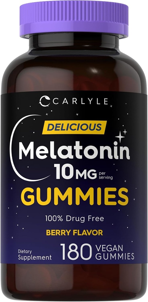 Carlyle Melatonin Gummies 10mg | 180 Count | Adult Drug Free Aid | Berry Flavor | Vegan, Non-GMO, Gluten Free Supplement
