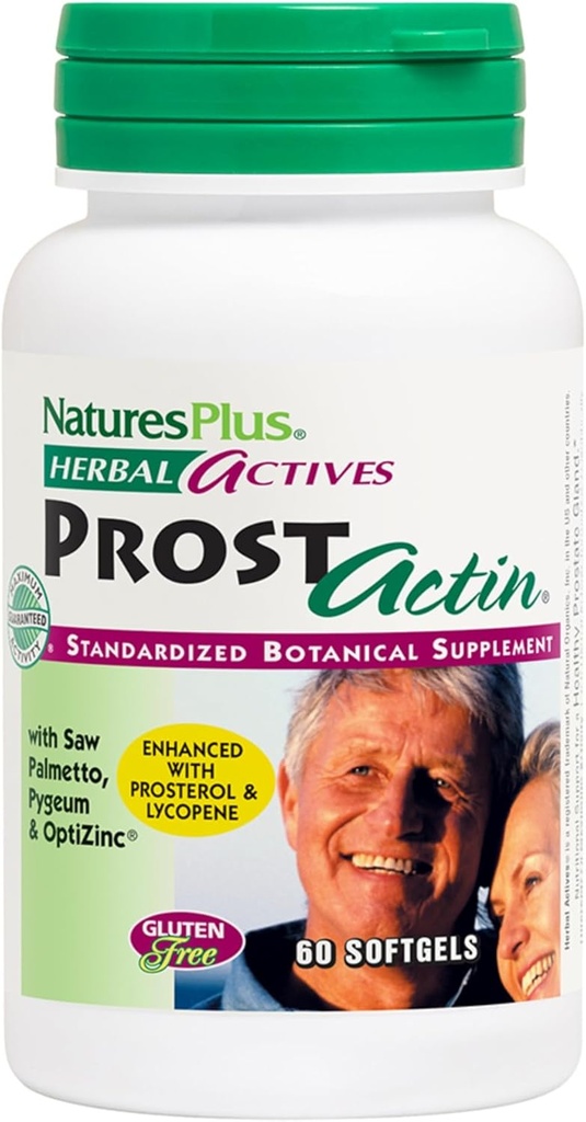 Natures Plus Herbal Actives Prostactin - 200 iu E-vitamin, 60 Softgels - Sund Prostate Gland Support, med Saw Palmetto, Pygeum & Pumpkin Seed Oil - Gluten- Free - 30 Servere