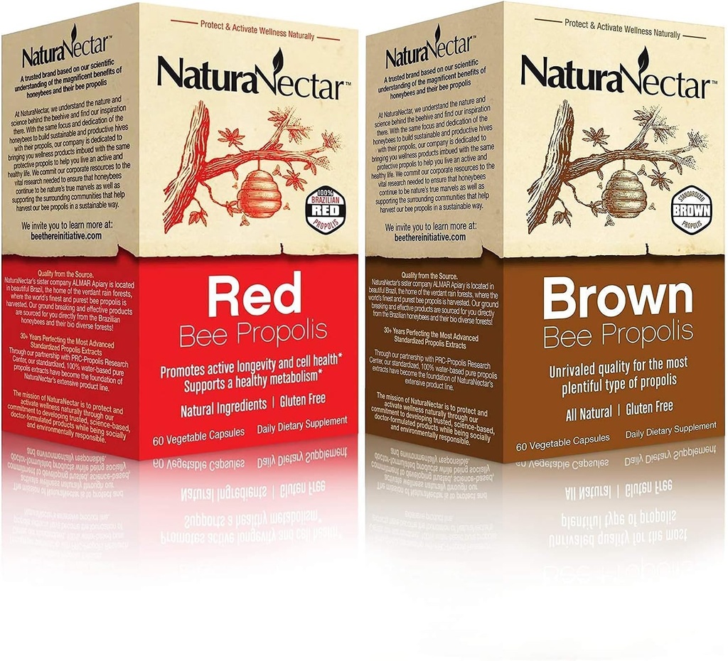 NaturaNectar Natural Bee Propolis Bundle - Red Propolis og Brown Propolis - for immunforsvar, respiratorisk sundhed og sund stofskifte - 60 kapsler per flaske
