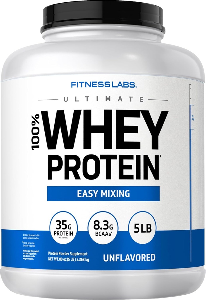 Fitness Labs Whey Protein Powder Unflavored • 124; 5 lbs • 124; 80 oz • 124; Easy Mix Ultimate Supplement • 124; Non- GMO, Gluten Free