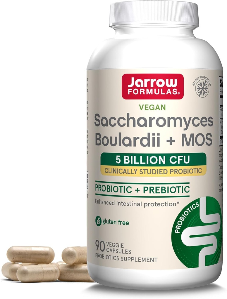 Jarrow Formulas Saccharomyces Boulardii Probiotika + MOS 5 Millioner CFU Probiotisk Gær til Intestinal Health Support, Gut Health Kosttilskud til kvinder og mænd, 90 Veggie Capsules, 90 Day Supply
