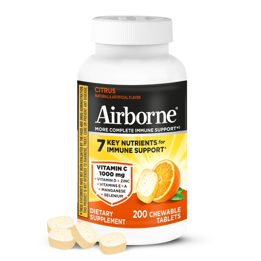 Airborne Citrus Chewable Tablets, 200ct | Immune Support Supplement with 1000mg Vitamin C + Vitamins A, D, E, Zinc,Selenium, & Manganese | Herbal Blend | Gluten Free