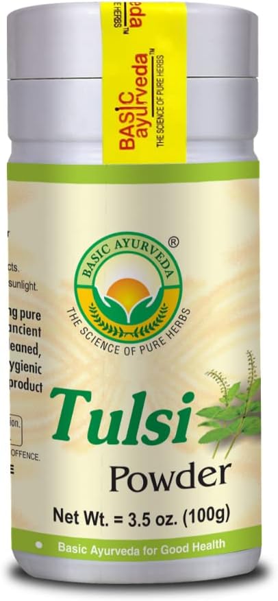 BASIC AYURVEDA Tulsi Powder Б124; Holy Basil Leaf Powder for Tea, Cooking & Herbal Use Б124; Pure & Natural Б124; Gluten- Free, Non- GMO Б124; Raw Ayurvedic Herb Supplemented 124; 3.53 Oz (100g)