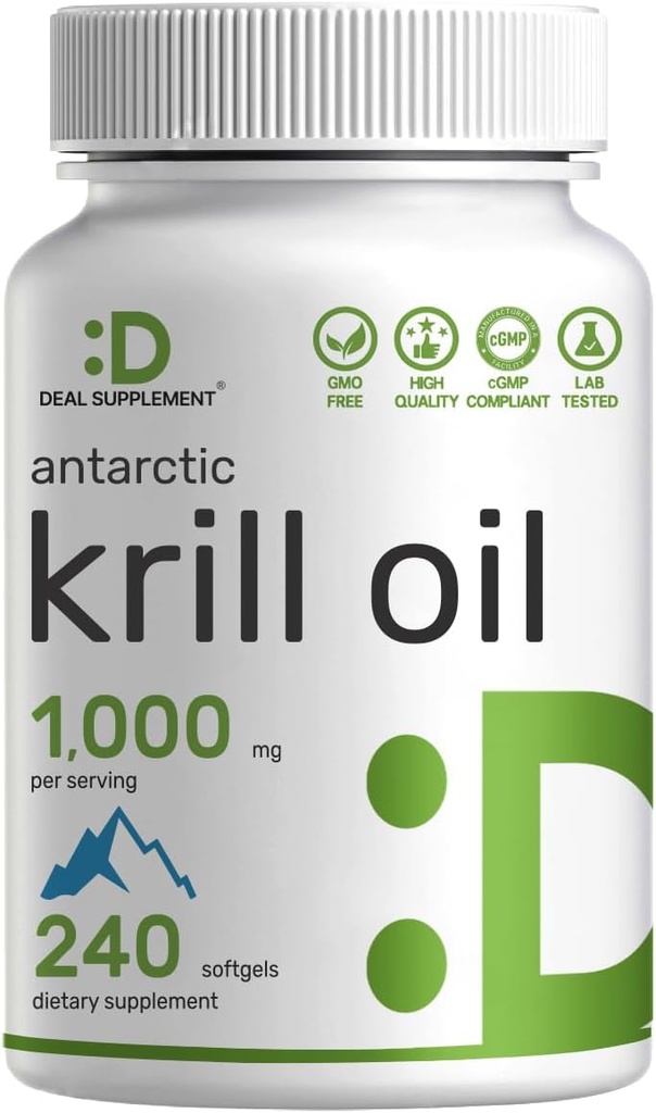 DEAL SUPPLEMENT Antarctic Krill Oil, 1000 mg Per Serving, 240 Softgels - Mercury Free, No Fishy Taste - Rich in Omega- 3s, EPA, DHA, Astaxanthin, & Phospholipider - Non-GMO, No Gluten