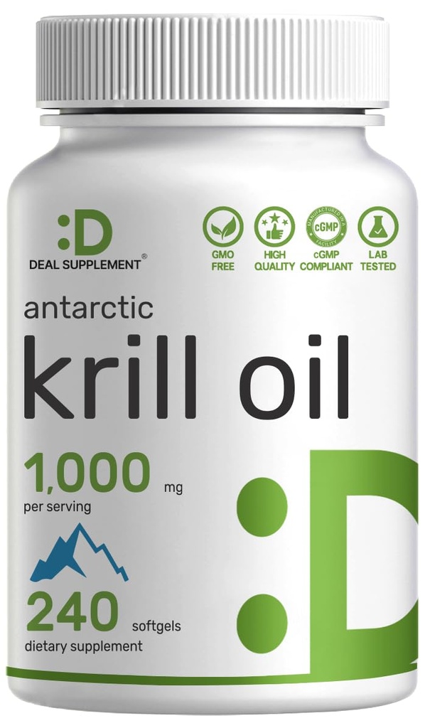 DEAL SUPPLEMENT Antarctic Krill Oil, 1000 mg Per Serving, 240 Softgels - Mercury Free, No Fishy Taste - Rich in Omega- 3s, EPA, DHA, Astaxanthin, & Phospholipider - Non-GMO, No Gluten