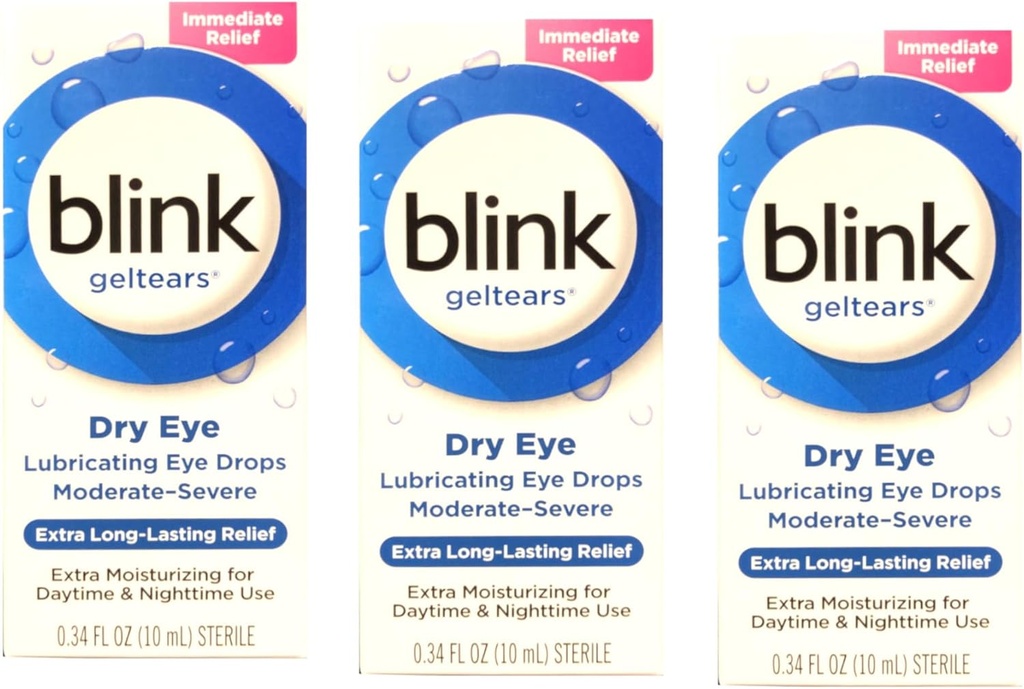 Blink GelTears smøremiddel øjendråber til tørre øjne, Ekstra lang levetid Relief, fugtgivende formel, moderat til svær tørhed, 0,34 fl oz (pakke med 3)