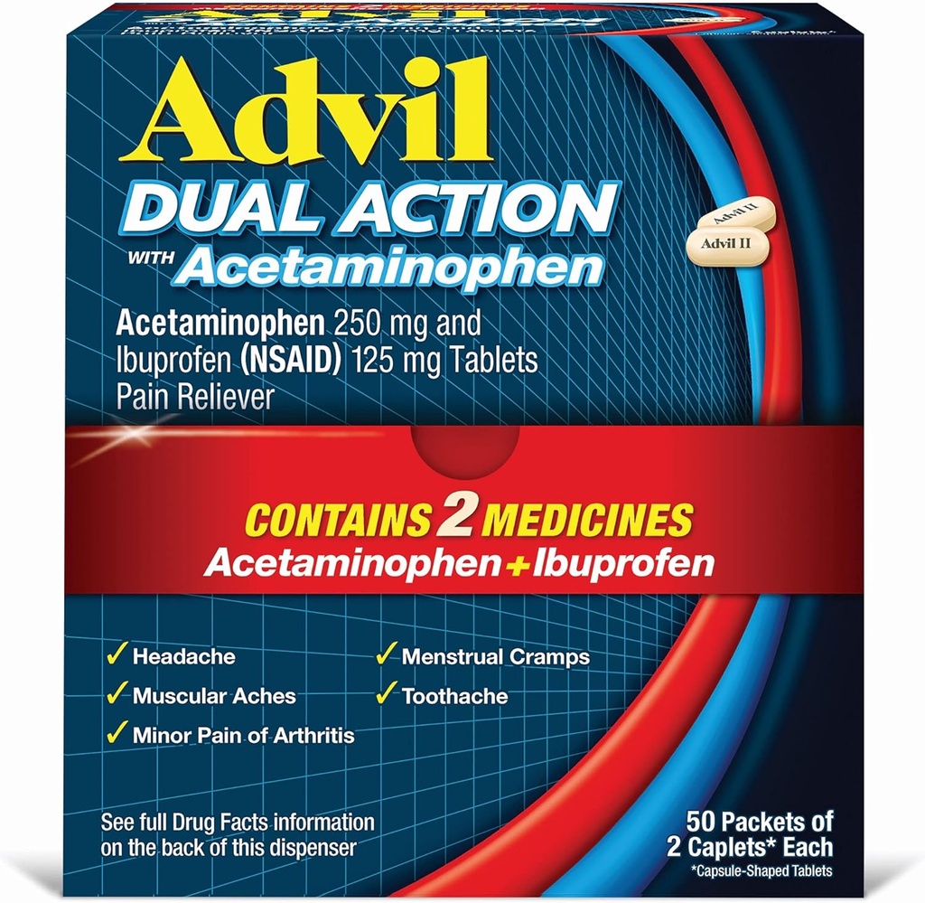Advil Dual Action Overtrukne kapsler med Acetaminophen, 250 Mg Ibuprofen og 500 Mg Acetaminophen per dosis (2 dosisækvivalent) for 8 timers smertelindring - 2 greve x 50
