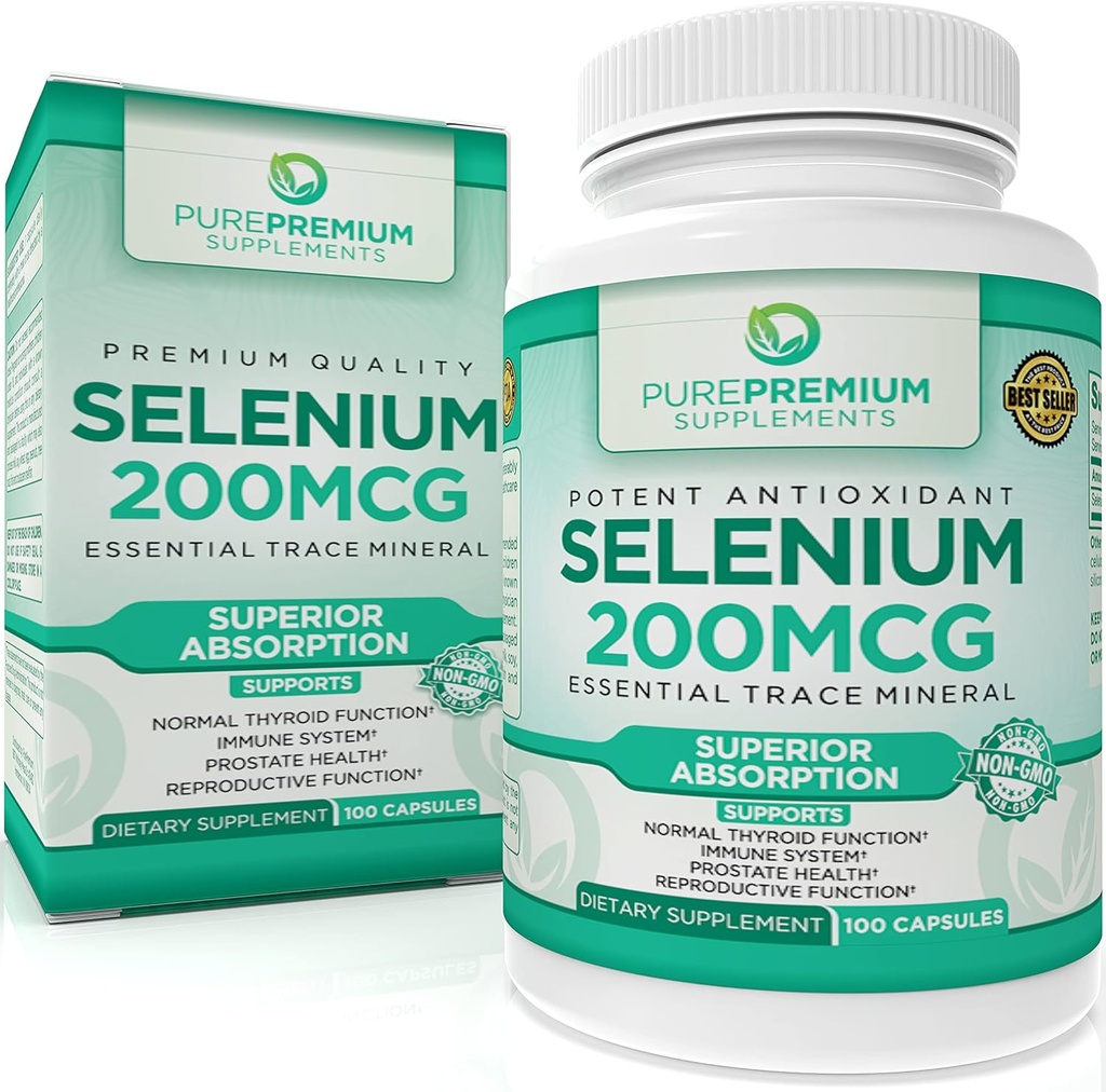 PurePremium Selenium 200mcg Supplement - L Selenomethionin Essential Mineral - Daglig støtte til normal thyreoidea, immunsystem - 124; Normal prostata funktion - 3 måneder forsyning - 100 kapsler