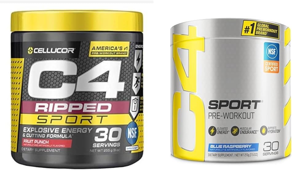 C4 Ripped Sport Pre Workout Powder Fruit Punch - NSF Certified for Sport + Sugar Free & C4 Sport Pre Workout Powder Blå Hindbær - Pre Workout Energy
