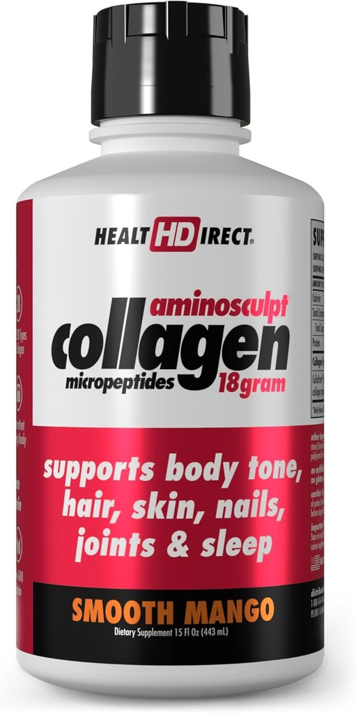 SUNDHEDSDIREKTØR Aminoshipt Sugar- Free Collagen Supplement - High Potence Medical- Grade Protein for Hår, Hud, Nails & Joints, Grass- Fed, Non- GMO, Flydende Collagen - Glat Mango - 15 Fl Oz