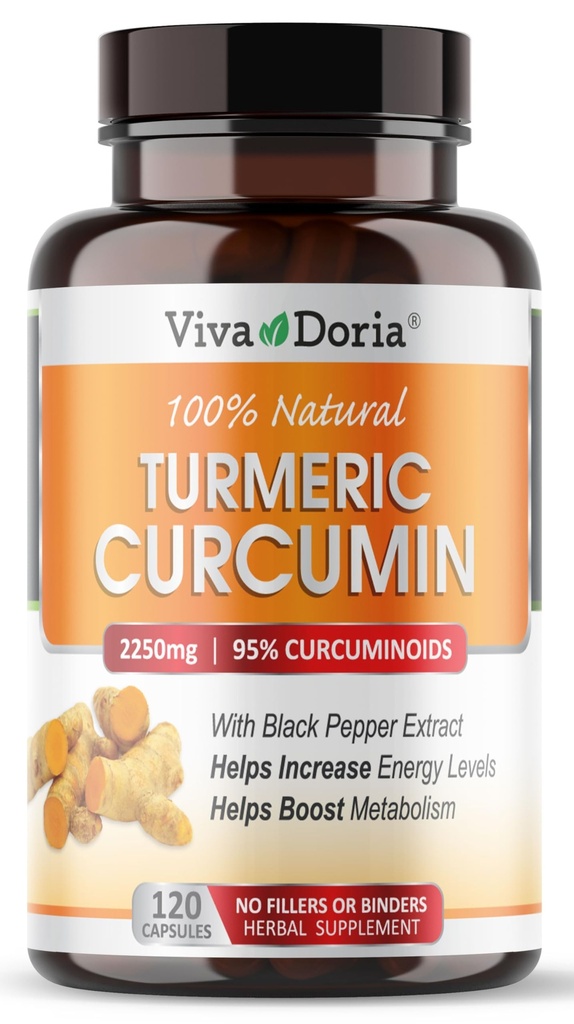 Viva Doria Gurkemeje med sort peber Extract 2250mg, 95% Standardiserede Curcuminoider - Sort peber til Max Absorption, 120 Vegetabilske kapsler