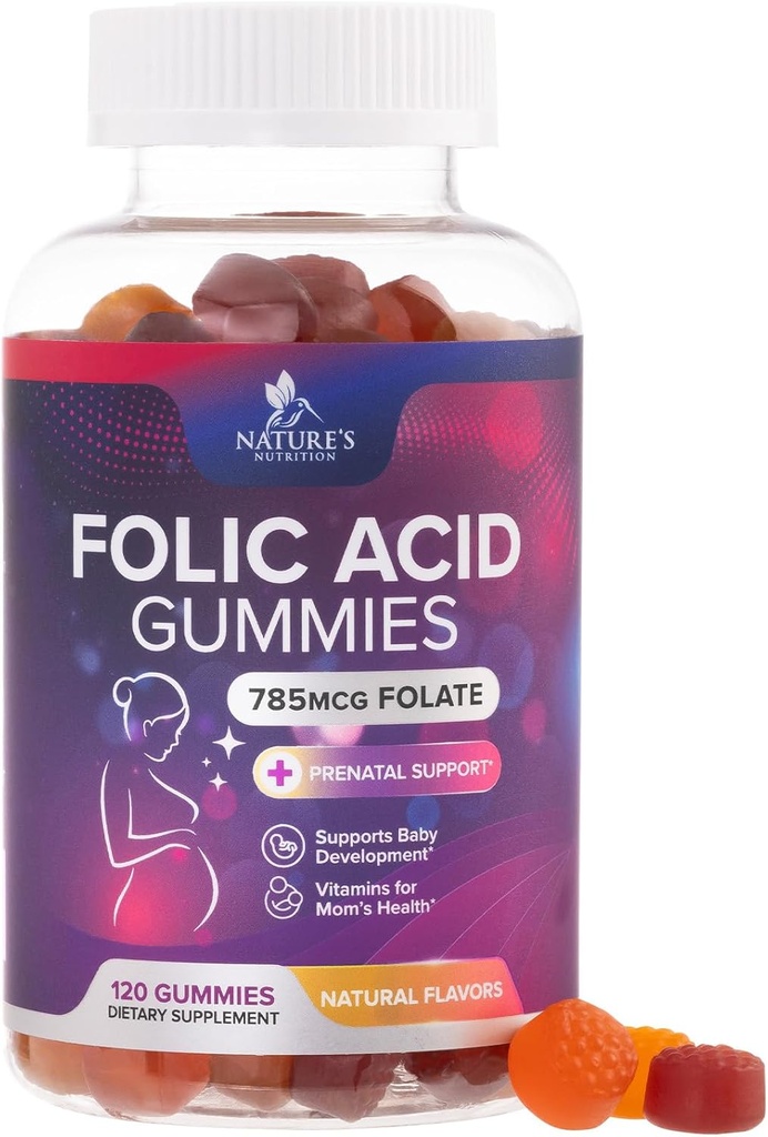 Folinsyre Gumies for Women 785 mcg, Essential Prenatal Vitaminer til mor og baby, Vegan follicate supplement Gummy, Daglig Vitamin B9 Ekstra Styrke Folat, Før under graviditeten - 120 Gummies