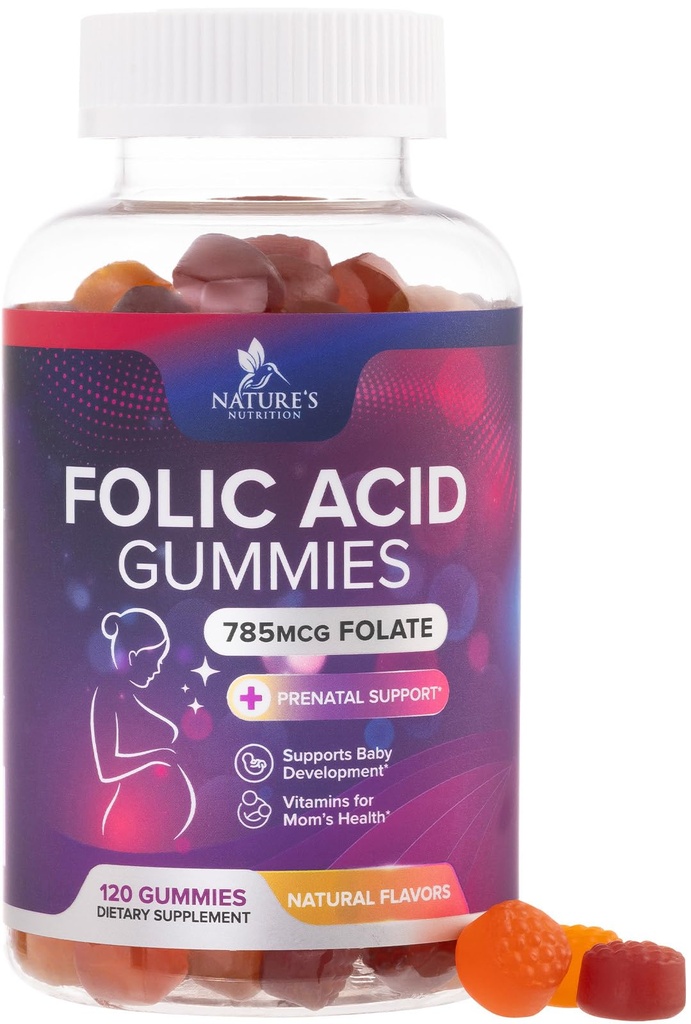 Folinsyre Gumies for Women 785 mcg, Essential Prenatal Vitaminer til mor og baby, Vegan follicate supplement Gummy, Daglig Vitamin B9 Ekstra Styrke Folat, Før under graviditeten - 120 Gummies