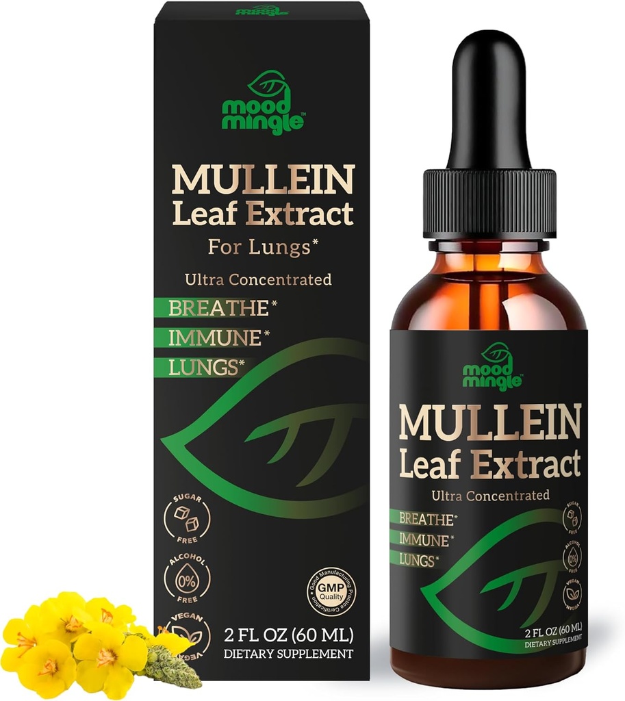 Mullein Leaf Extract for Lungs - Mullein Drops for Respiratory Health Support Lung Detox Cleanse - Vegan Sugar- Free Gluten Free - Flydende supplement til mænd kvinder 2fl. oz (60ml) (1 Pack)