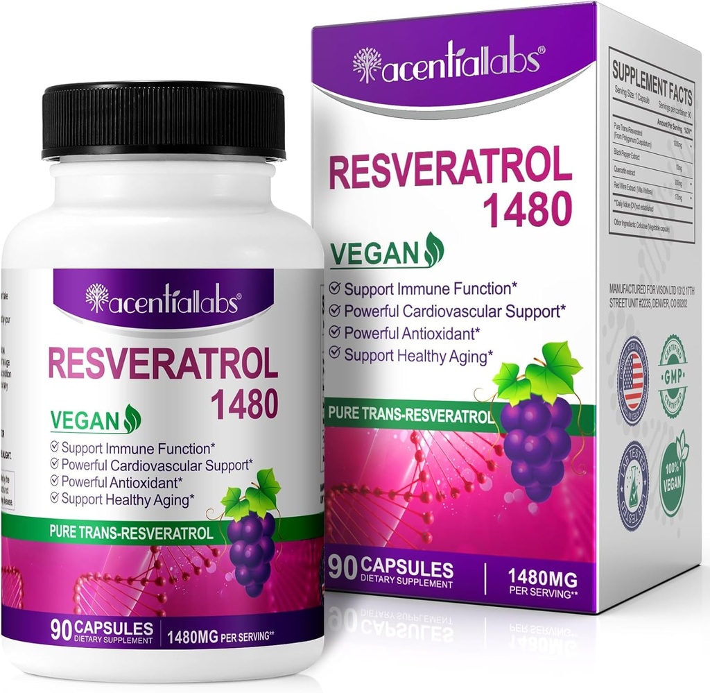 100% Natural Resveratrol - 1480mg Per Serving, 90 Veggie Capsules, 99% Pure Trans-Resveratrol, Antioxidant for Healthy Aging, Brain & Heart Support