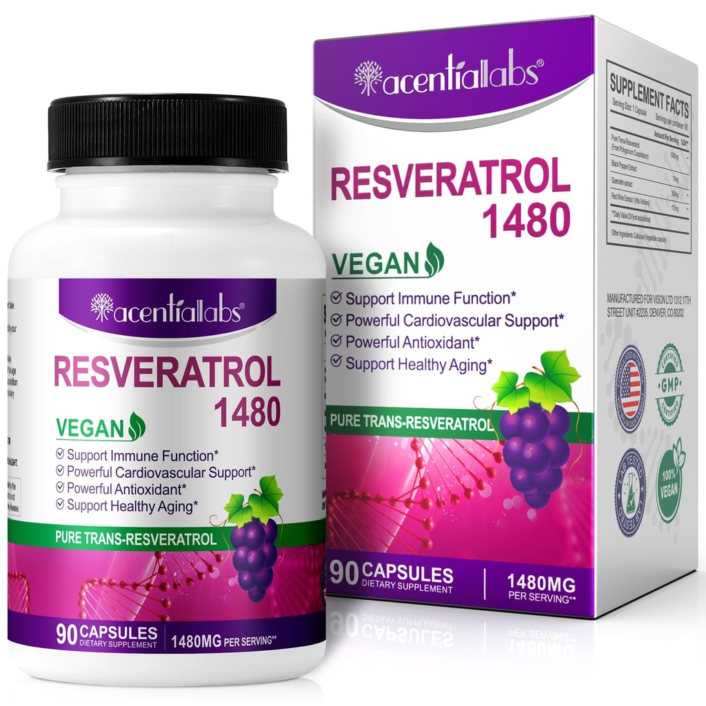 100% Natural Resveratrol - 1480mg Per Serving, 90 Veggie Kapsler, 99% Pure Trans- Resveratrol, Antioxidant til sund aldring, hjerne & hjerte Support