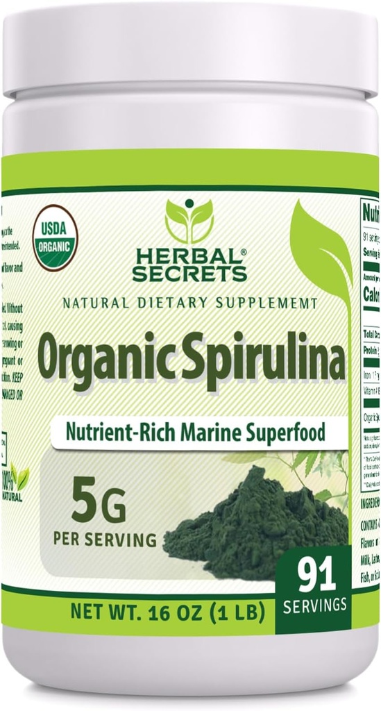 Herbal Secrets Organic Spirulina Powder 16 Oz| Non-GMO | Gluten Free | Made in USA