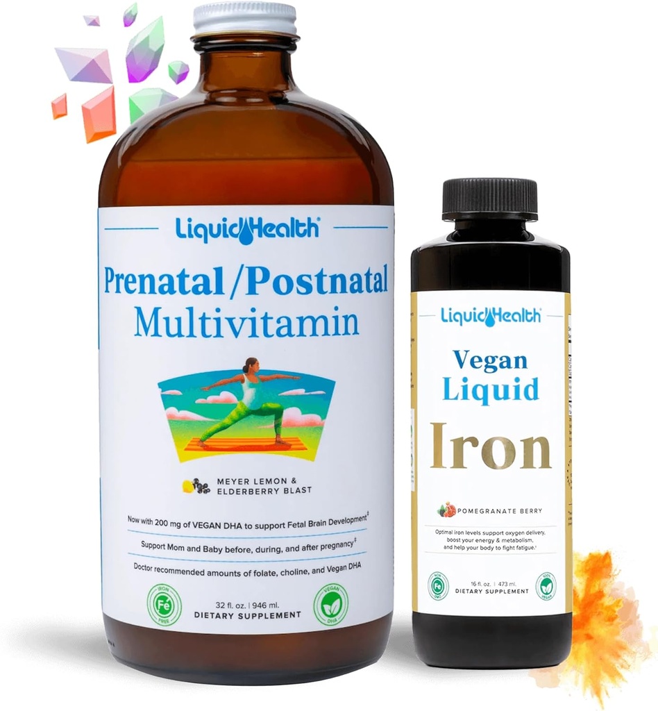 LIQUIDSUNDHED Prenatal Baby Booster Graviditet Vitamin Bundle - Vegansk Kvinder Prenatal / Postnatal Multivitamin med SunActive & Ferrochel Iron, Folate, Hele fødevarer - Made in USA, 100% Vegan (Bundle)