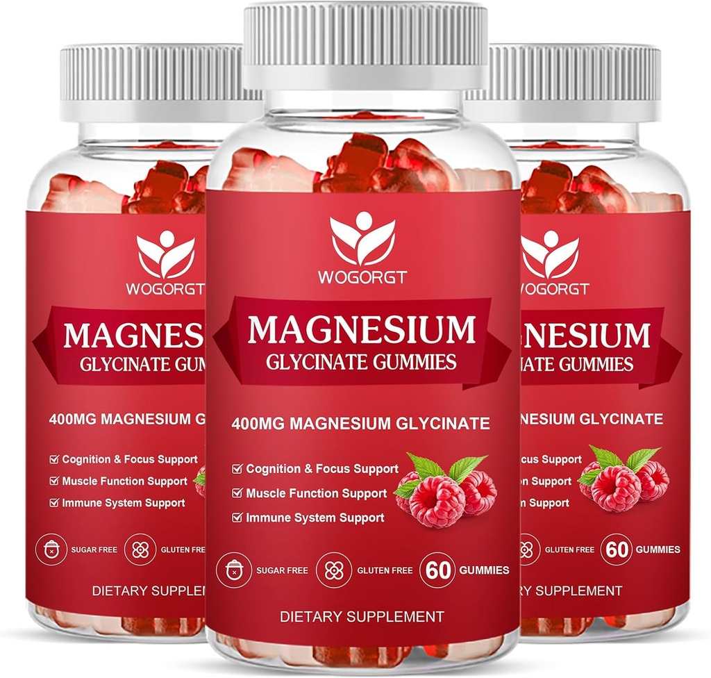 Magnesium Glycinate Gummies - 400mg Magnesium Glycinate Gummies med vitamin D, B6, og CoQ10, Magnesium supplement til afslapning og kognition, Sukker fri - 60 Hindbær Gummies (3 Pack)