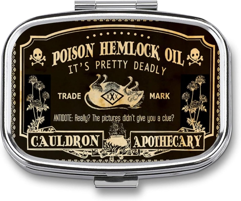 Metal 2 Segment Pill Organizer Travel Friendly Portable Compact Pill Box Cute Pill Case til at holde vitaminer / Fish Oil / Kosttilskud / Meds / Tablet til purse / Pocket (Vintage Poison Label)