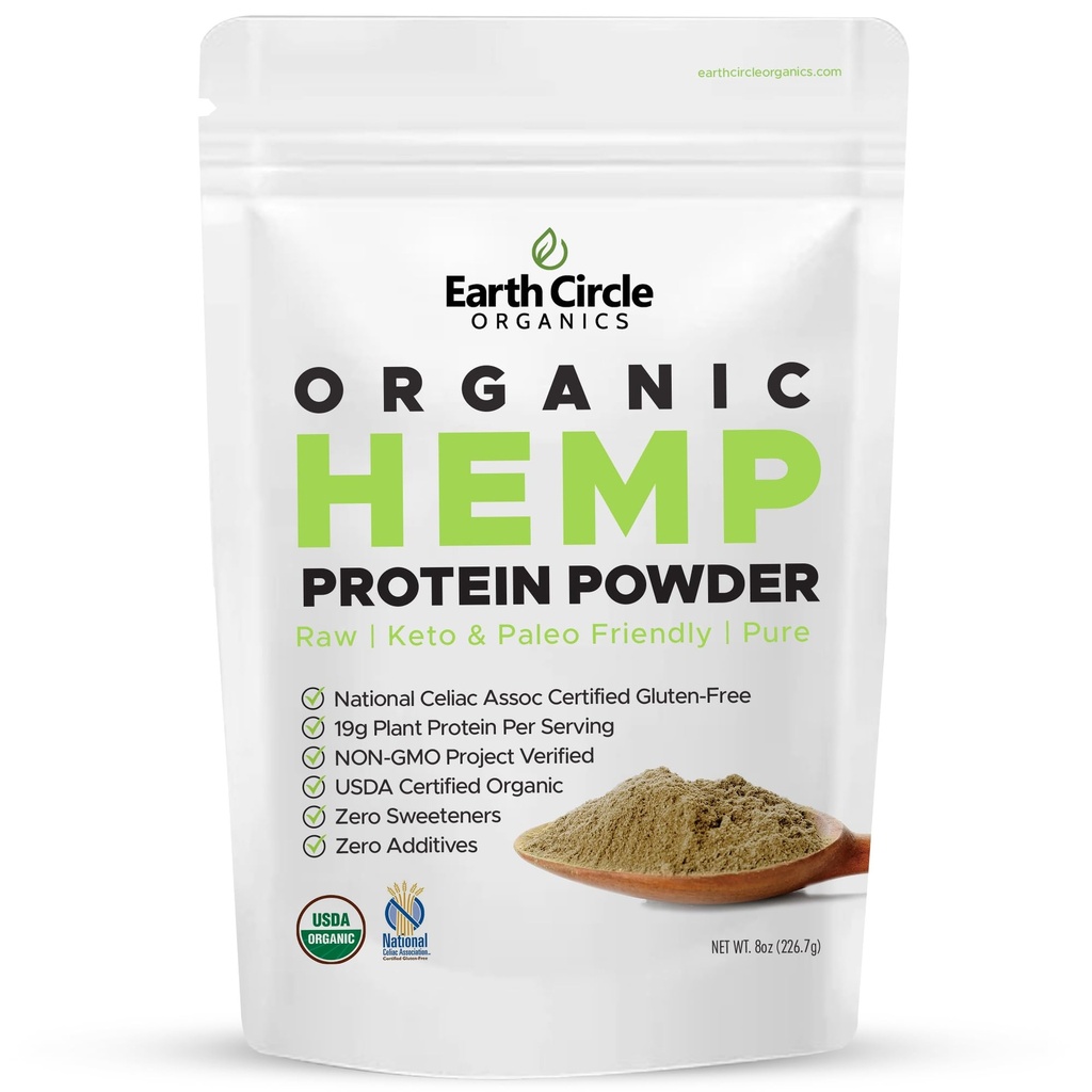 Earth Circle Organics Organic Hamp Protein Powder, Gluten Free, Plant Based & Vegan Raw Protein Powder - Perfekt til Keto, Meal Erstatning Shakes, Pre- Workout og Post Workout (8oz, pakke med 1)