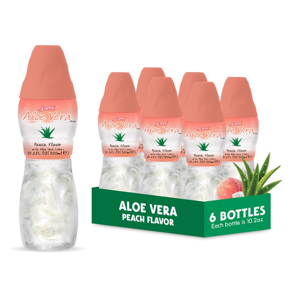 Aloe vera juice (Peach flavored) med større chunky ren aloe pulp (6 Pakker) Plantebaseret juice stor til hydrering og indeholder store aloe papirmasse. Det er sundt for voksne og børn