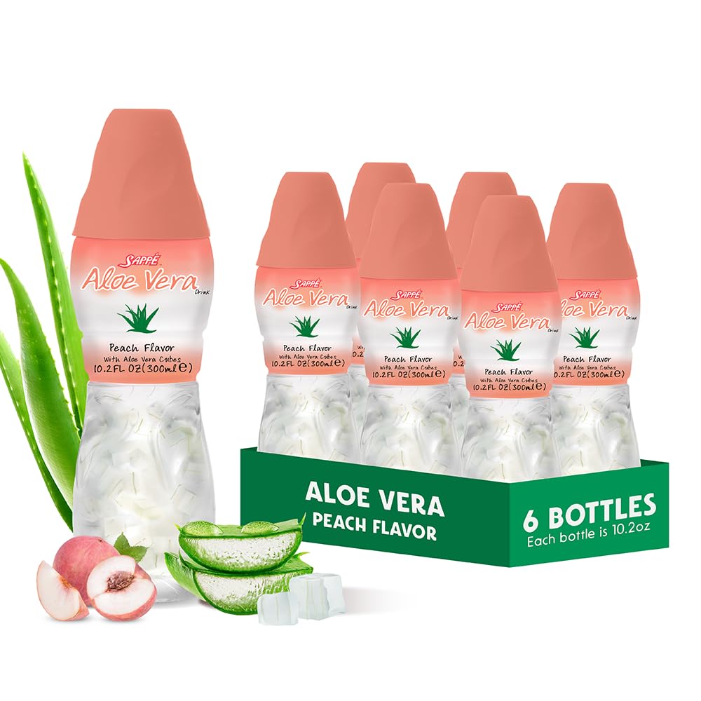 Aloe vera juice (Peach flavored) med større chunky ren aloe pulp (6 Pakker) Plantebaseret juice stor til hydrering og indeholder store aloe papirmasse. Det er sundt for voksne og børn